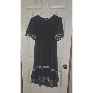 Tea n Rose Navy Swiss Dot Smocked Midi‎ Dress Floral Embroidery Boho Womens M